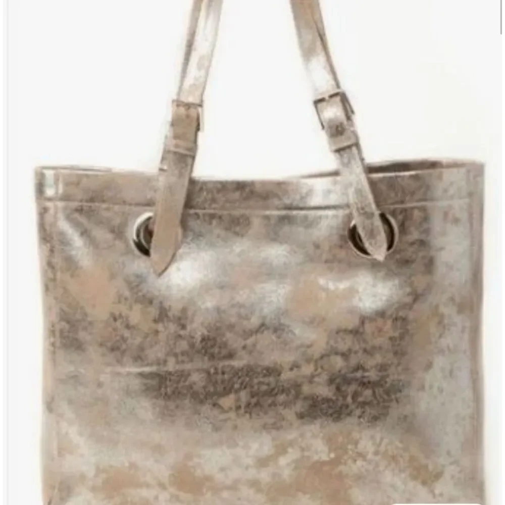 CoFi ERIN Metallic Suede XL Leather Tote Double Adj Handles In Platinum NWOT